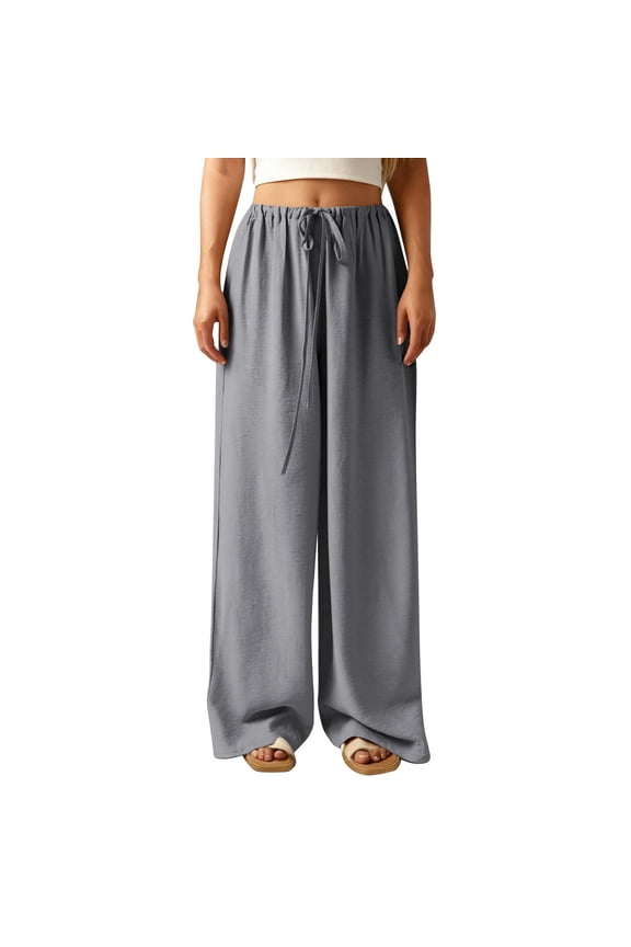 Women's Loose Wide Leg Cotton Linen Pants with Drawstring, Pocketless Casual Trousers for Relaxed Fit, Breathable Natural Fabric,Gray S