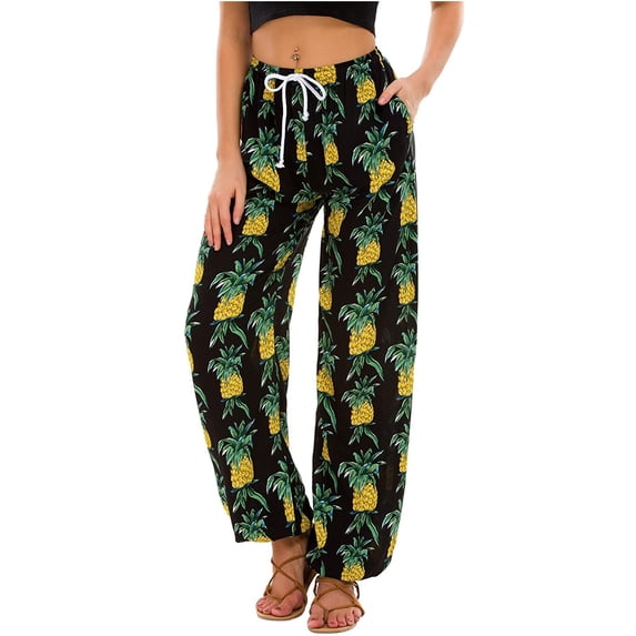 YIFUNIN Women's Printed Cotton Linen Wide Leg Pants with Pockets, Casual Flowy Trousers for Bohemian Style, Lightweight Summer Wear,Yellow L