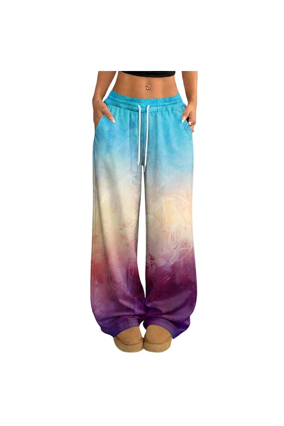Women's Printed Elastic Waist Wide Leg Pants, Tie Dye Gradient Casual Drawstring Trousers, Loose Fit Bohemian Style Fashion,Blue M