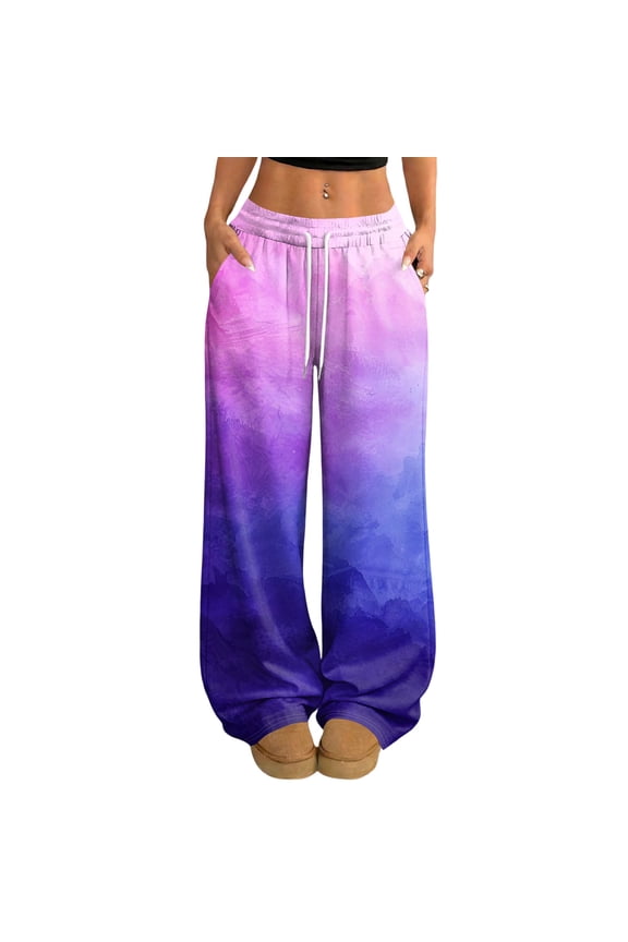 Women's Printed Elastic Waist Wide Leg Pants, Tie Dye Gradient Casual Drawstring Trousers, Loose Fit Bohemian Style Fashion,Purple Pink S