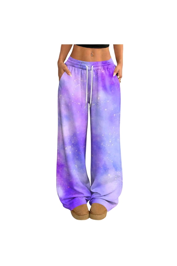 Women's Printed Elastic Waist Wide Leg Pants, Tie Dye Gradient Casual Drawstring Trousers, Loose Fit Bohemian Style Fashion,Purple XL
