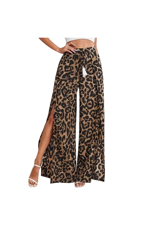 Women's Printed Wide Leg Straight Pants with Lace-Up Detail & Side Slit, Casual Flowy Trousers for Bohemian Style, Lightweight Fabric,Leopard Print M