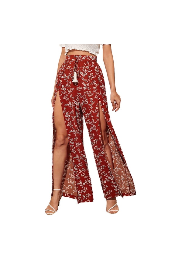 Women's Printed Wide Leg Straight Pants with Lace-Up Detail & Side Slit, Casual Flowy Trousers for Bohemian Style, Lightweight Fabric,Red 2XL
