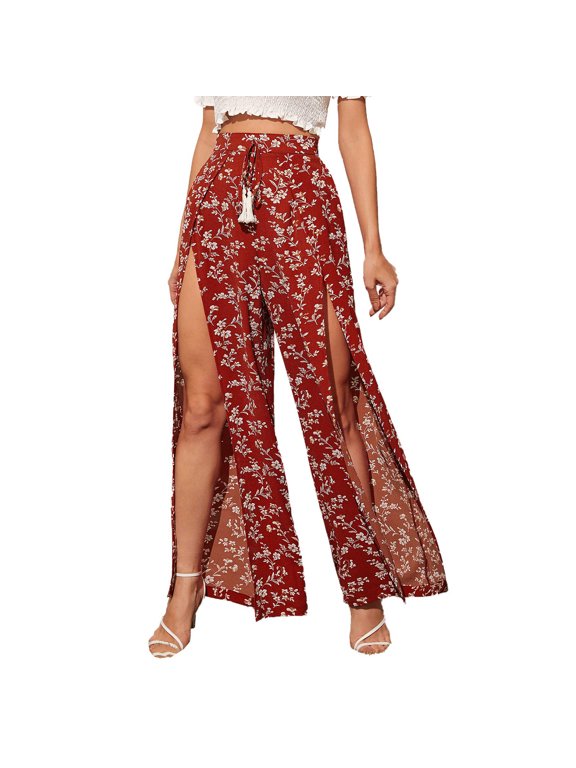 Women's Printed Wide Leg Straight Pants with Lace-Up Detail & Side Slit, Casual Flowy Trousers for Bohemian Style, Lightweight Fabric,Red XL