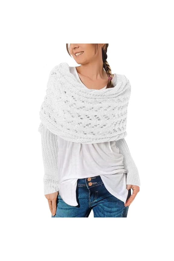 YIFUNIN Women's Scarf with Sleeves, Multifunctional Knitted Scarf Sweater Wrap, Boho Pashmina Shawl Cape, Winter Warm Scarf for Women, Cable Knit Openwork Long Scarf,White