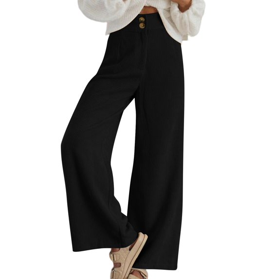 YIFUNIN Women's Solid Color Corduroy Straight Leg Pants, Loose Fit Casual Trousers for Fall Winter, Comfortable Ribbed Fabric Fashion,Black M
