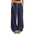 thumbnail image 1 of YIFUNIN Women's Solid Color Elastic Waist Wide Leg Pants, Casual Drawstring Trousers for Lounge Wear, Loose Fit Comfortable Everyday Bottoms,Dark Blue 2XL, 1 of 5
