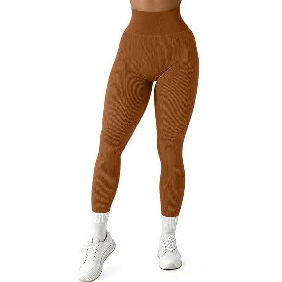 YIFUNIN Women's Solid Color Hip Lifting Yoga Pants, Ribbed Knit Fitness Leggings for Exercise Workout, High Waist Tummy Control,Brown S