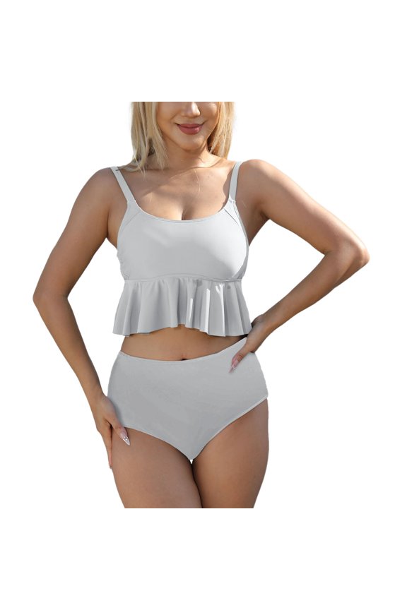 Women's Solid Color Printed Padded Wireless Bikini Set Two Piece Swimsuit with Floral Pattern for Women Beach Vacation Summer,White L