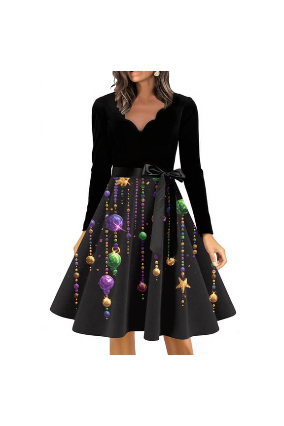 Women's Stylish Casual Long Sleeve Dress with Vintage Floral Carnival Pattern, V-Neck Retro Hepburn Inspired Design for Party or Daily Wear,S