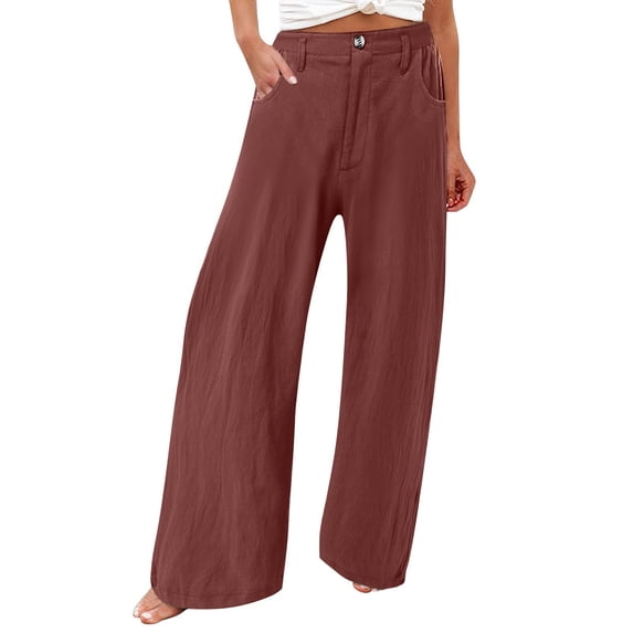 YIFUNIN Women's Summer Cotton Linen Wide Leg Pants with Button Detail & Elastic Waist, Loose Palazzo Casual Trousers with Pockets,Wine XL