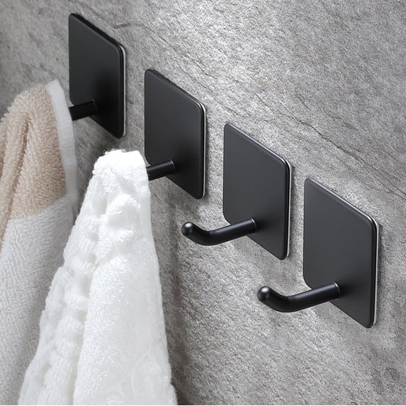 YIGII Adhesive Towel Hooks - 4 Pack Bathroom Hooks for Hanging Robes Coat Stick on Wall Kitchen Hook Stainless Steel, Matte Black