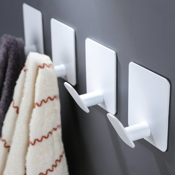 YIGII Adhesive Towel Hooks White Heavy Duty Bathroom Wall Hooks Stick on Hanging Robes Coats Clothes for Bedroom Kitchen Door, Stainless Steel 4 Pack