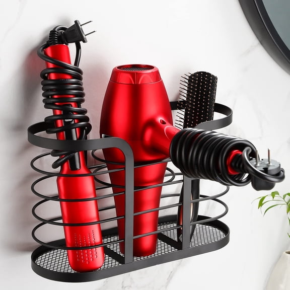YIGII Hair Dryer Holder - Hair Tool Organizer Wall Mount/Adhesive Blow Dryer Holder Bathroom Organizer Hot Styling Tools Storage for Hair Dryer, Electric Shaver Black
