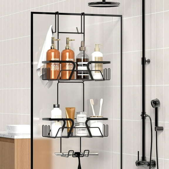YIGII Hanging Shower Caddy Over the Door No Drilling Shower Shelf Stainless Steel Black Shower Shampoo Holder For Bathroom