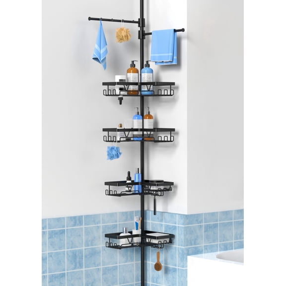 YIGII Shower Caddy Tension Pole with 2 Towel Bars, Adjustable Corner Bathroom Organizer, 25114.2 Inch Bathtub Storage Shelves for Renters & Family