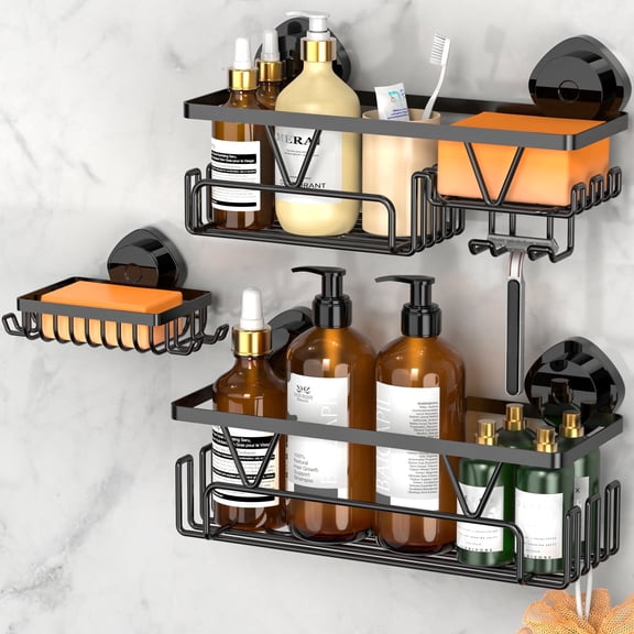 YIGII Suction Cup Shower Caddy, Removable Suction Bathroom Organizers Shelf with Soap Holder, Razor Holder & Hooks