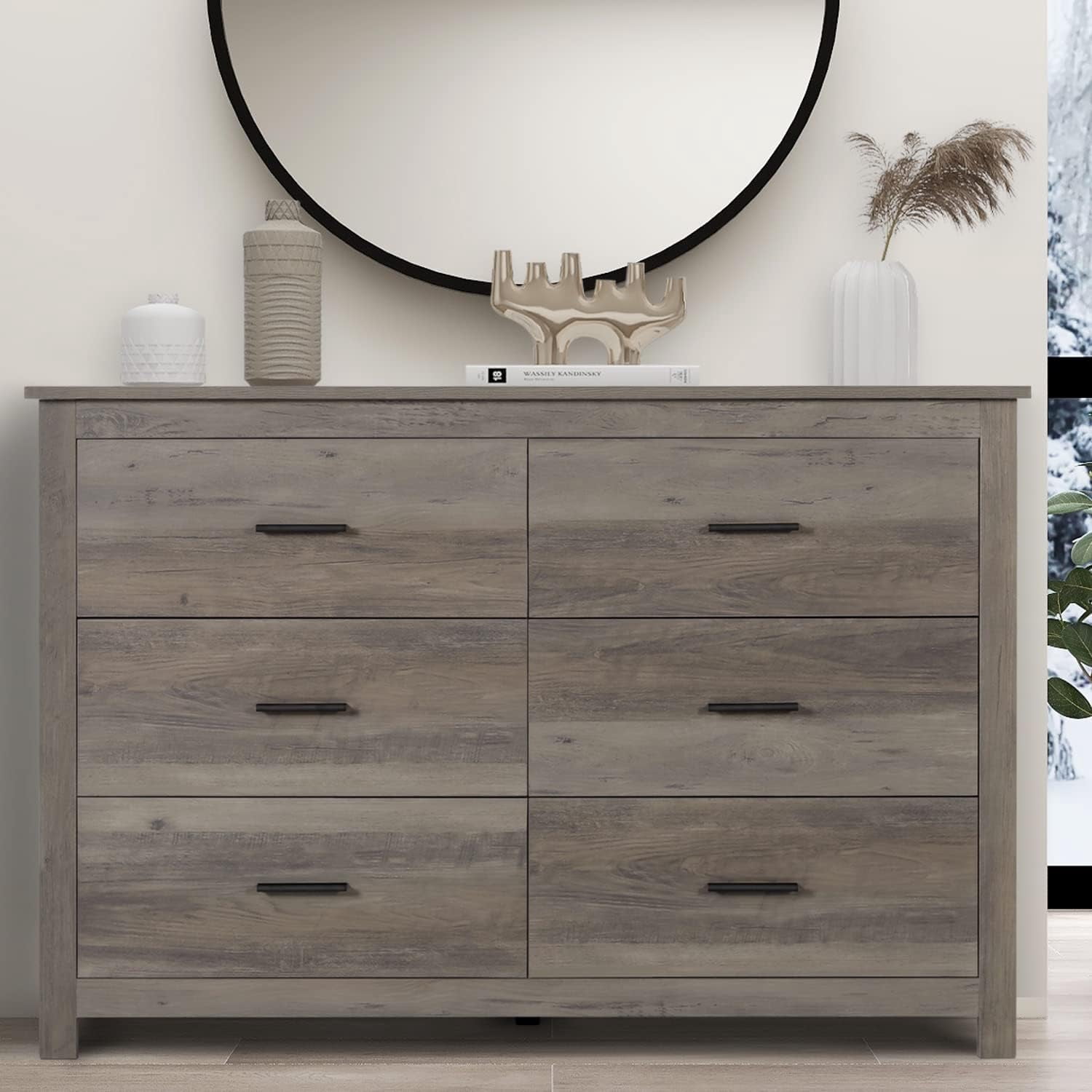 YIGOBUY 6 Drawer Farmhouse Dresser, Wooden Double Horizontal Dresser, Grey  - Walmart Business Supplies