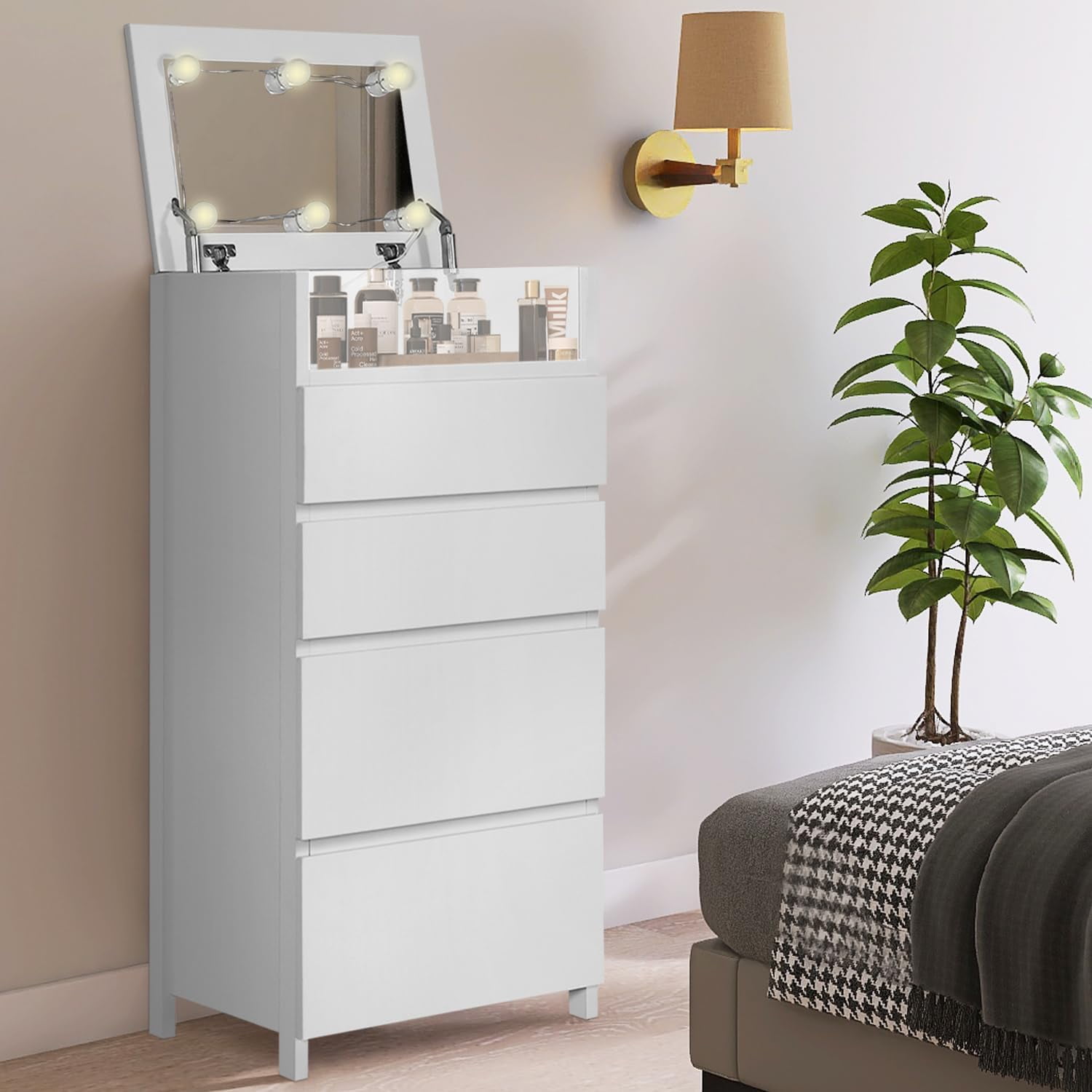 YIGOBUY Dresser for Bedroom, 4 Drawer Dresser with Mirror and Lights, Modern Tall Chest of Drawers with Makeup Organizer for Small Space, Bedroom, Entryway, Living Room