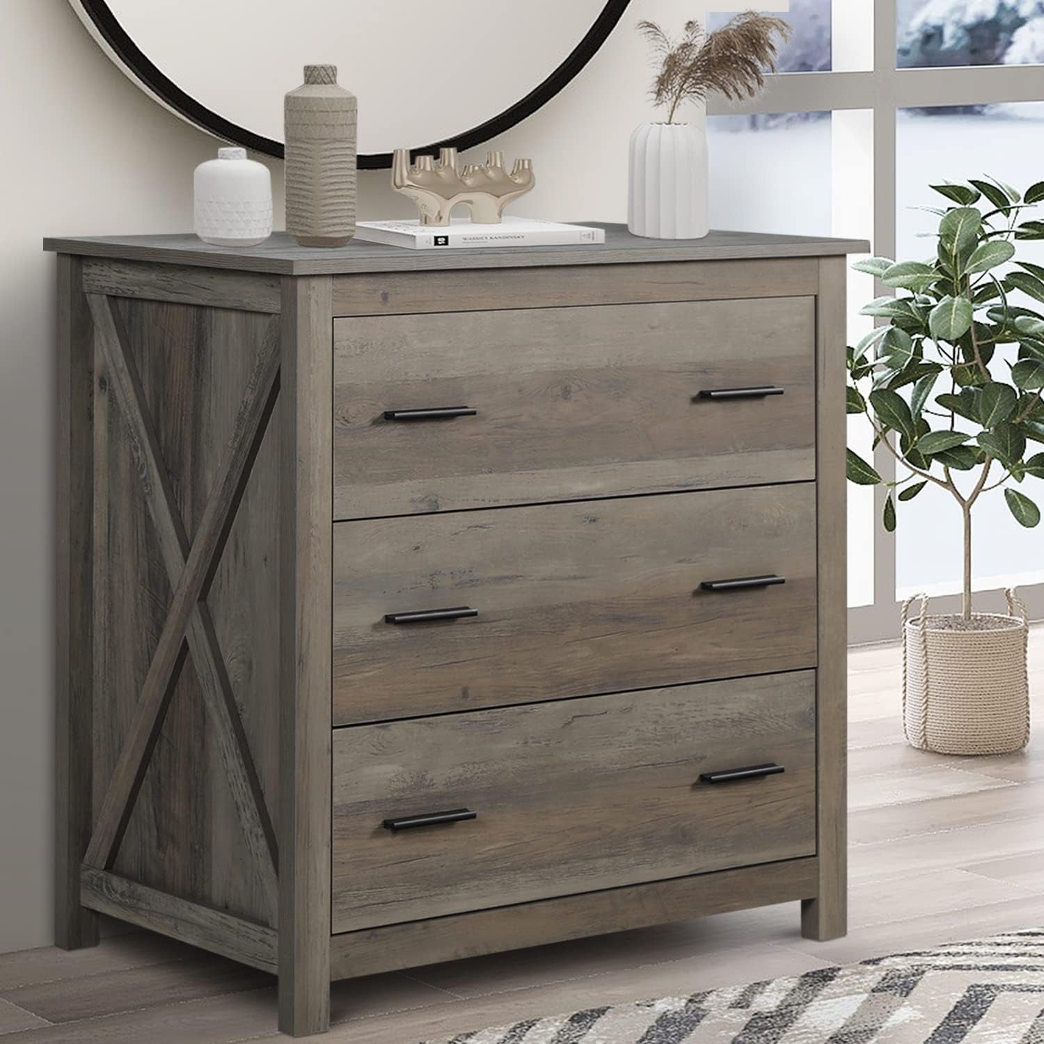 YIGOBUY  Wooden Chest of Drawer - 3 Drawer Dresser for Bedroom, Farmhouse Dresser, Storage Drawers for Bedroom, Nursery, Living Room, Hallway, Entryway Organizer, Grey