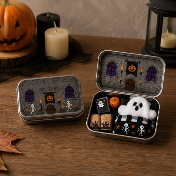YIGOUMY - 10cm Metal Tin Box Mini Ghost Halloween Dollhouse Kit, Castle Brick Wall Miniature Scene Gift Set, Plush Ghost Pumpkin Mini Book Figurines for Holiday Party Favor (A)
