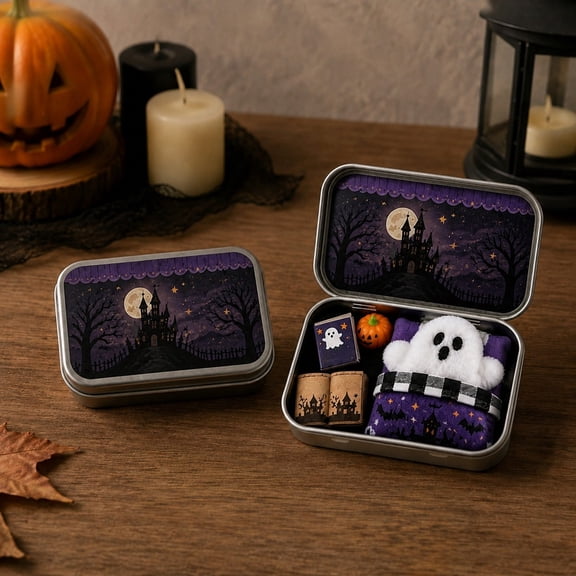 YIGOUMY - 10cm Metal Tin Box Purple Moon Castle Mini Ghost Halloween Diorama Kit, Complete Mini Pumpkin Spell Book Plush Ghost Scene Set, Portable Fall Decor Gift for Holiday Party Display (B)
