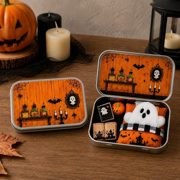 YIGOUMY - 10cm Metal Tin Box Witch Potion Room Mini Ghost Halloween Diorama Gift Set, Bat Printed Fabric Plush Ghost Mini Pumpkin Spell Book Scene Kit, Desktop Ornament for Party & Gifting (D)