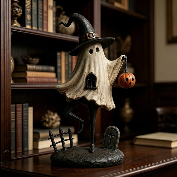 YIGOUMY - 15cm Resin Witch Ghost Halloween Tabletop Figurine, Spooky Ghost Statue with Witch Hat Hanging Pumpkin Lantern, Graveyard Fence Tombstone Base Decor for Mantel Porch Indoor Outdoor