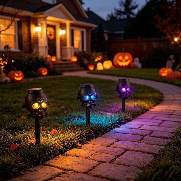 YIGOUMY- 17.5cm Solar Skull Garden Stake Light, Waterproof Black Skeleton Ground Lamp with Purple LED, Outdoor Halloween Yard Lawn Landscape Decor (C)