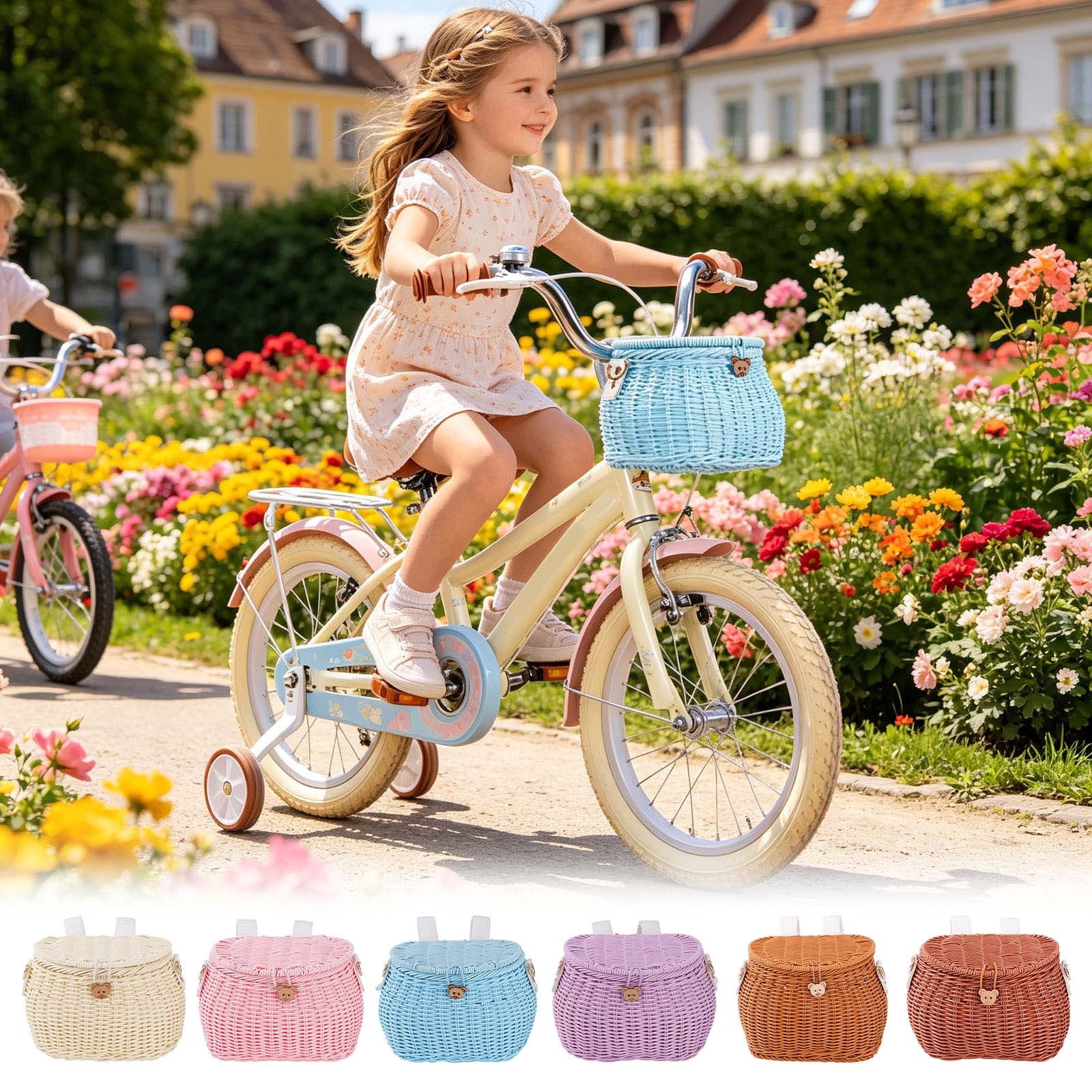 YIGOUMY-19cm PP Woven Bike Basket with Lid, Brown Bear Design Front Basket for Bicycle, Det Storage Basket with Strap for Scooter (Brown-A)