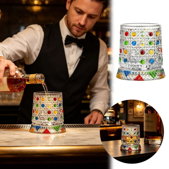 YIGOUMY - 1pc 9oz Hand-Painted Colorful Rotating Glass, Stained Glass Tumbler with Rotating Base, for Home Bar, Party, Cocktails, , Scotch (G)