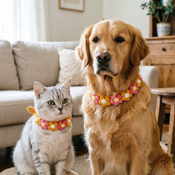 YIGOUMY - 1pc Cute Macaron Flower Collar Handmade Crochet Solid Flower Cat Neck Warmer Jewelry (F)