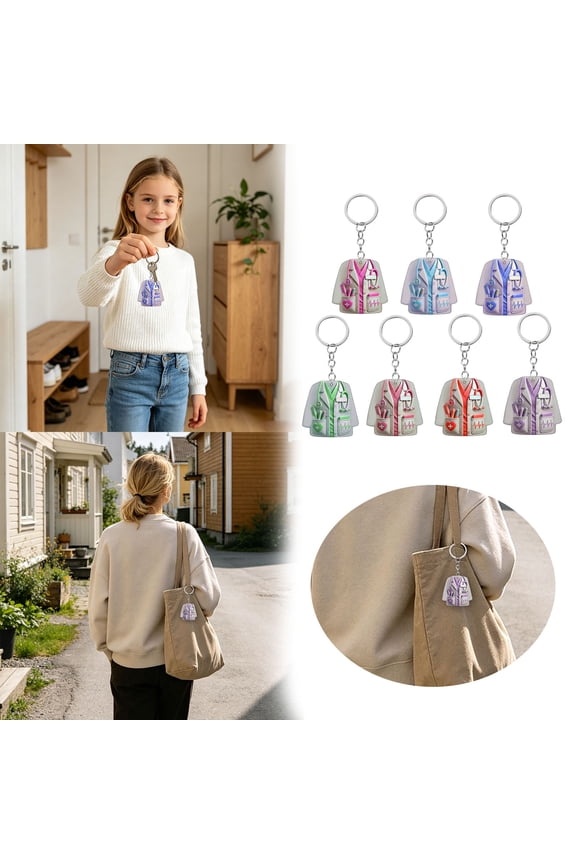 - 7-Piece Medical Themed Keychain Set, 4" Nurse Uniform Design Key Rings, Durable Acrylic Accessories for Healthcare Workers