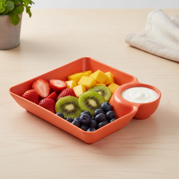 YIGOUMY - BPA-Free PP Divided Plate, 2-Compartment Serving Tray with Sauce Dip Section, Microwave & Dishwasher Safe Platter for Chips, Appetizers & Daily Meals (Red)
