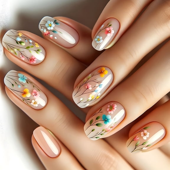 YIGSECU 24pcs Flower Print Press On Nails Full Covers Stick on Nails Fashion Artificial Nails For Parties And Everyday Use