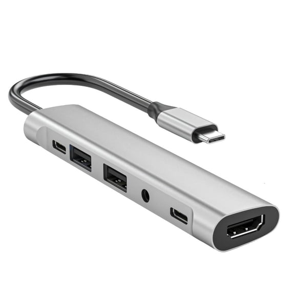 YIGSECU 6 in 1 USB C to HDTV Adapter 2xUSB2.0 3.5mm PD60W Port Extender Splitter Docking Station for PC Desktop Accessories