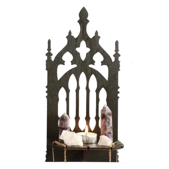 YIGSECU Black Wood Gothic Hollowout Throne Design Wall Shelf For Display And Storage