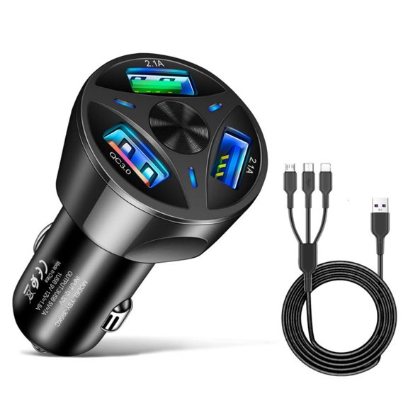 YIGSECU Car Charging Head USB Multiple Port 12-32V Vehicles Quick Charging Adapter with Cord for Smartphones Tablets Laptops