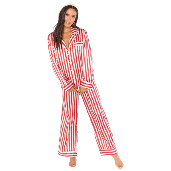 YIGSECU Christmas Imitation Silk Pajamas for Womens Long Sleeve Sleepwear Button Down Shirts with Pants Striped Loungewear Set
