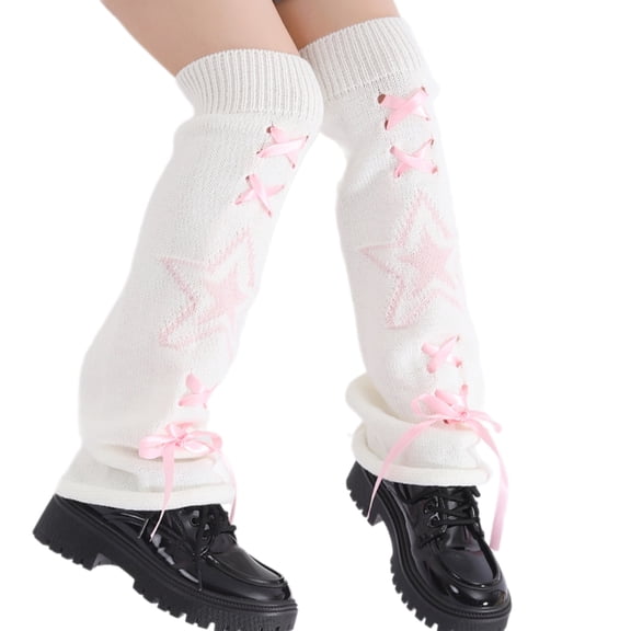 YIGSECU Cute Star Knitted Leg Warmers for Women Ribbon Lace Up Flared Foot Covers Socks