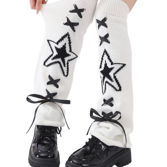YIGSECU Cute Star Knitted Leg Warmers for Women Ribbon Lace Up Flared Foot Covers Socks
