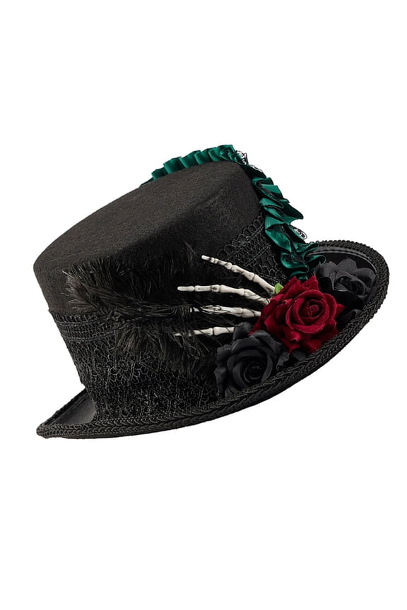 Dark Series Theme Top Hat Wool Skeleton Flower Design Tall Hat For Cosplay Wear