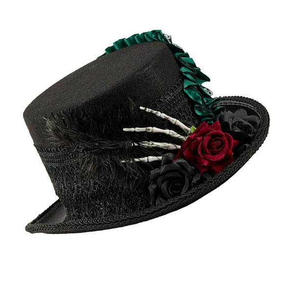 YIGSECU Dark Series Theme Top Hat Wool Skeleton Flower Design Tall Hat For Cosplay Wear