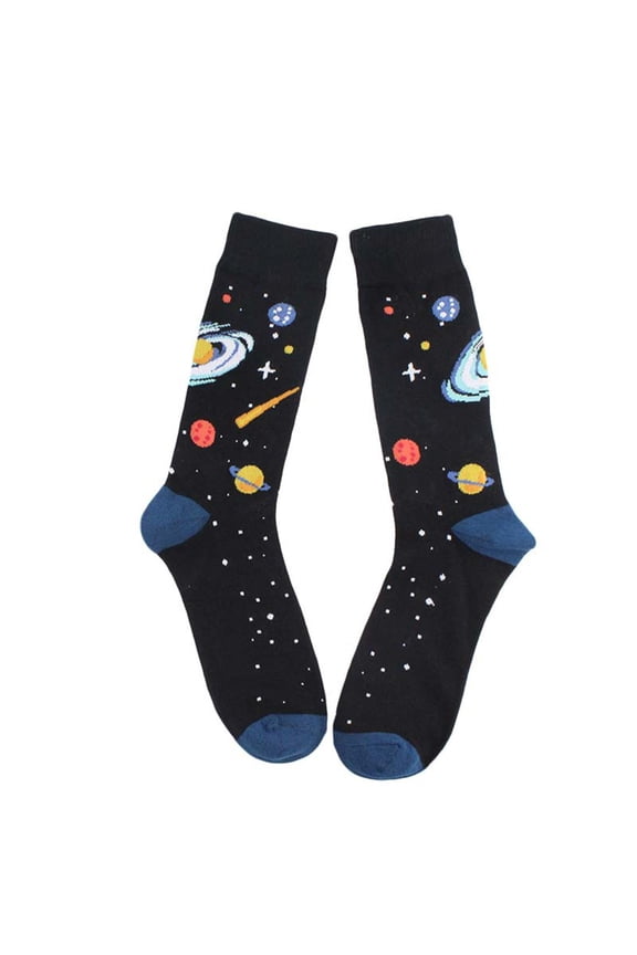 Mens Novelty Funny Cotton Crew Socks Crazy Solar System Rocket Astronaut Planet Print Harajuku Contrast Color Mid Tube Stockings
