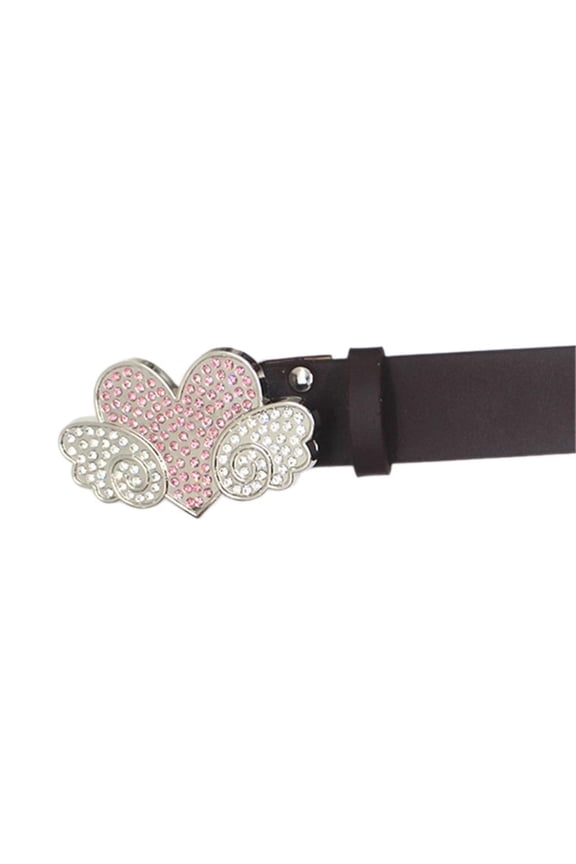 PU Waist Belt with Shinning Rhinestone Heart Wing Buckle for Woman Adjustable Pin Buckle Waist Strap for Jeans Dress