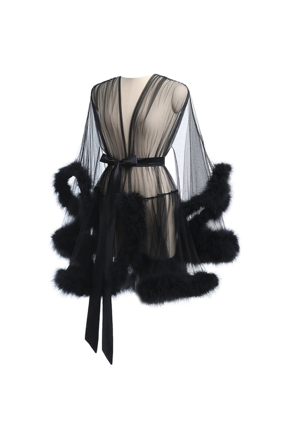 See Through Mesh Kimono Robe for Women Furry Trim Long Sleeve Sheer Babydoll Lingerie with Satins Tie Closure Nightgown