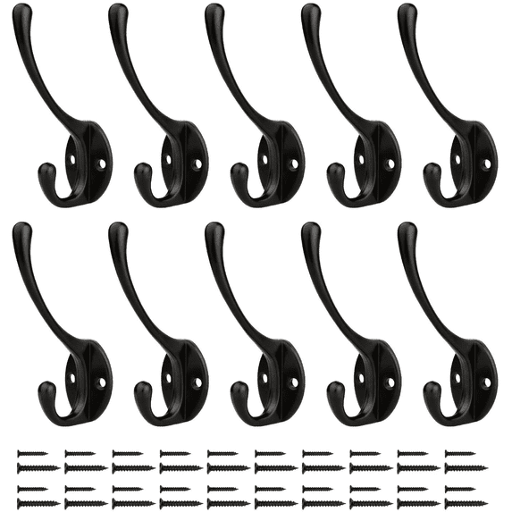 YIHATA 10 Pack Heavy Duty Dual Coat Hooks Wall Mounted with 20 Screws, Utility Metal Hooks Retro Double Hooks Wall Hanging Zinc Die Cast Robe Hooks for Coat, Bag, Scarf, Towl, Cap, Cup, Key