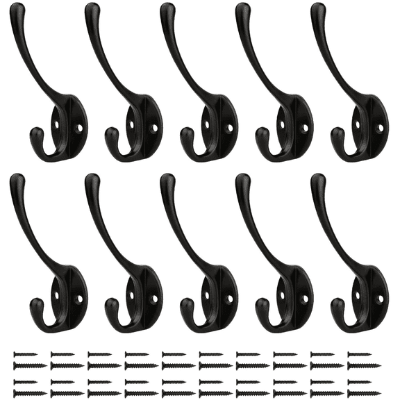 YIHATA 10 Pack Heavy Duty Dual Coat Hooks Wall Mounted with 20 Screws, Utility Metal Hooks Retro Double Hooks Wall Hanging Zinc Die Cast Robe Hooks for Coat, Bag, Scarf, Towl, Cap, Cup, Key