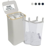 YIHATA 140L Laundry Basket 2 Section, Large Laundry Basket with Lid Collapsible Laundry Hamper with Bamboo Handles and Labels, Divided Dirty Clothes Hamper for Bedroom,Laundry and Toys, White