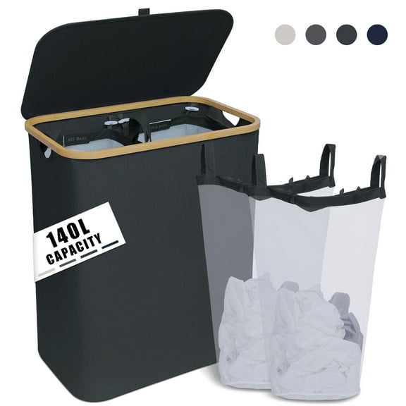 YIHATA 140L Laundry Basket 2 Section, Large Laundry Basket with Lid Collapsible Laundry Hamper with Bamboo Handles and Labels, Divided Dirty Clothes Hamper for Bedroom,Laundry and Toys, Dark Grey